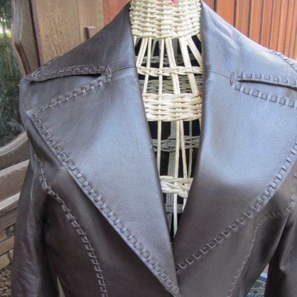 GUESS WHIPSTICHED BROWN LEATHER 3/4 LONG JACKET M - Picture 6 of 8